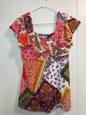 Stem & Vine Patchwork Paisley Flutter Sleave M Babydoll Top Festival Western